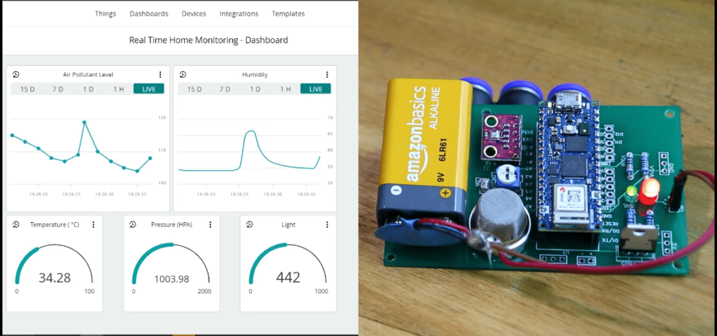 Home Safety Monitoring System - Arduino IoT Project that will monitor your Room's environmental parameters like temperature, light, humidity and pressure as well as air quality.